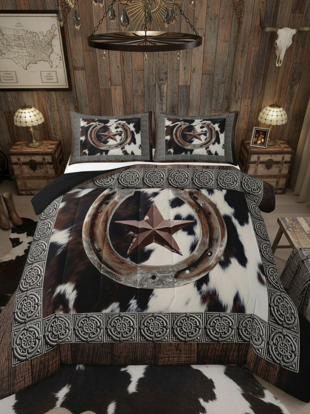 Western Cowhide Bedding Set Soft for Boys Girls, Texas Star Horseshoes Comforter